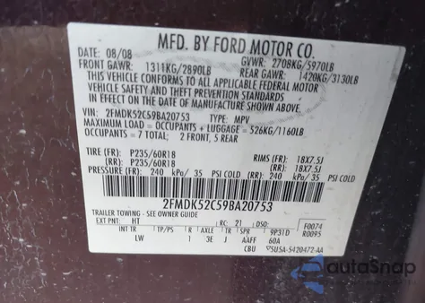 2009 Ford Flex Sel z USA, uszkodzony, nr VIN 2FMDK52C59BA20753